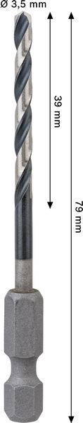 Ein Metallbohrer mit einem Durchmesser von 3,5 mm, einer Bohrerlänge von 39 mm und einer Gesamtlänge von 79 mm.