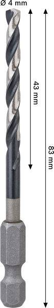 Bohrer mit einem Durchmesser von 4 mm. Die Bohrernuten sind 43 mm lang, und die Gesamtlänge beträgt 83 mm.
