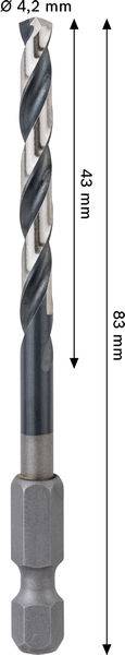 Sechskant-Bohrer mit Spiraldesign. Gesamtlänge: 83 mm; Nutzlänge: 43 mm; Durchmesser: 4,2 mm.