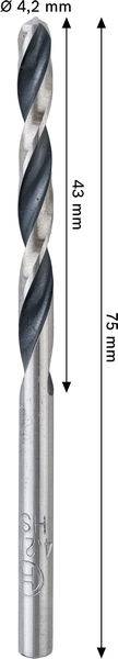 Ein Metallbohrer mit verzeichneten Abmessungen: 4,2 mm Durchmesser, 75 mm Gesamtlänge und 43 mm Schneidenlänge.