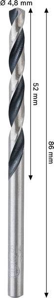 Bild eines Metallbohrers mit Abmessungen: Durchmesser 4,8 mm, Länge 86 mm und Schneidenlänge 52 mm.
