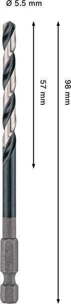 Ein Metallbohrer mit einem Durchmesser von 5,5 mm. Die Gesamtlänge beträgt 98 mm, wobei der Spiralenbereich 57 mm misst.