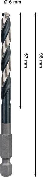 Ein Bohrer mit einem Durchmesser von 6 mm und einer Gesamtlänge von 98 mm wird gezeigt. Der gefurchte Abschnitt ist 57 mm lang.