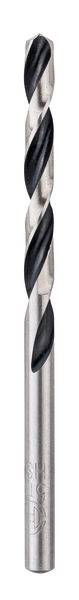 Ein silberner und schwarzer Metallbohrer mit spiralförmigem Design, der zum Bohren von Löchern in verschiedenen Materialien verwendet wird.