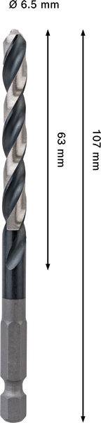 6,5 mm Durchmesser Bohrer, Gesamtlänge 107 mm, Schaftlänge 63 mm.