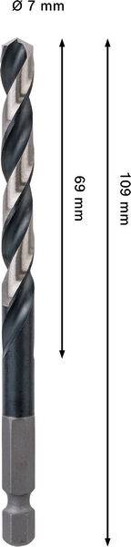 Bohrmeißel, 7 mm Durchmesser, 69 mm Schneidenlänge, 119 mm Gesamtlänge.