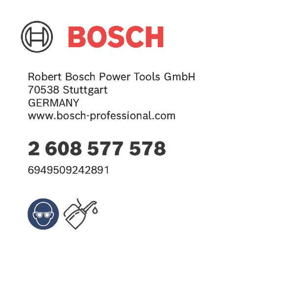 Bosch-Logo mit Kontaktinformationen für Robert Bosch Power Tools GmbH in Deutschland, einschließlich einer Telefonnummer, Website und Sicherheitssymbolen.