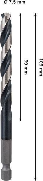 Ein Bohrmeißel mit Abmessungen: Gesamtlänge 169 mm, Schaftlänge 69 mm, Durchmesser 7,5 mm.