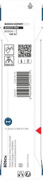 Bosch-Werkzeugverpackung mit Produktinformationen, Barcode und Nutzungssymbolen. Enthält QR-Code und Konformitätssymbole. Hergestellt in China.