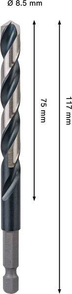Ein Bohrmeißel mit einem Durchmesser von 8,5 mm, einem Spiralschneidbereich von 75 mm und einer Gesamtlänge von 117 mm wird gezeigt.