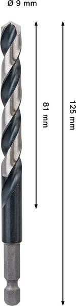 Ein Nahaufnahmebild eines Bohrers mit einem Durchmesser von 9 mm, einer Spirallänge von 81 mm und einer Gesamtlänge von 125 mm, mit Pfeilen, die die Abmessungen anzeigen.