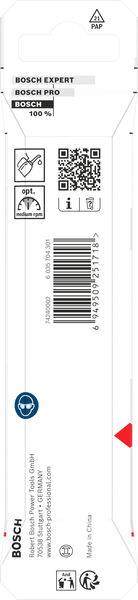# 'Bosch Expert' Produktverpackung mit einem Barcode, QR-Code und Recycling-Symbol. Enthält Produktnutzungswarnungen und Bosch-Kontaktdaten.
