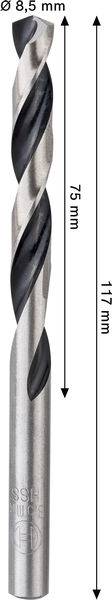 Ein Stahlbohrer, 117 mm lang und 6,5 mm im Durchmesser, mit einer Schneidlänge von 75 mm.