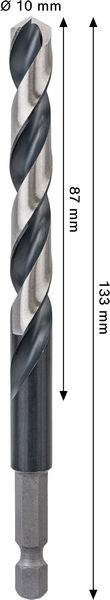 Ein Metallbohrmeißel mit einem Durchmesser von 10 mm, einem Spiralenabschnitt von 87 mm und einer Gesamtlänge von 133 mm.