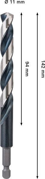 Ein Bohrer mit einer Gesamtlänge von 142 mm und einem Schaftdurchmesser von 11 mm. Die Spiralnuttenlänge beträgt 94 mm.