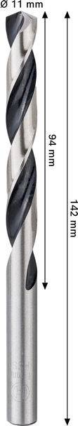 Ein Metallbohraufsatz mit einer Gesamtlänge von 142 mm, einer Schnittlänge von 94 mm und einem Durchmesser von 11 mm.