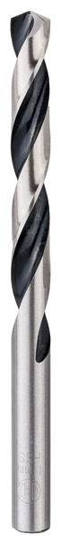 Ein silberner und schwarzer Wendelbohrer für Metall mit zwei spiralförmigen Nuten und einer verjüngten Spitze für präzises Schneiden.