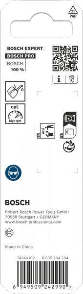 Bosch Pro Expert Verpackungsetikett mit Recycling-Symbolen, Produktinformationen einschließlich Bosch-Branding und QR-Code für weitere Details.