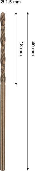Ein 1,5-mm-Bohrer mit Pfeilen, die 18 mm Windungslänge und 40 mm Gesamtlänge anzeigen.