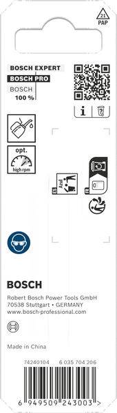 Verpackung für ein Bosch-Produkt mit Markenlogos, QR-Code und Sicherheitsanweisungen mit Piktogrammen. Enthält Herstellerangaben.
