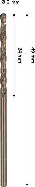 Bohrer, 2 mm Durchmesser, 24 mm Schneidenlänge, 49 mm Gesamtlänge.