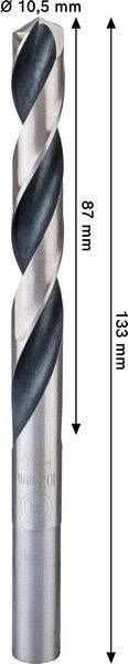 Bild eines Bohrers mit zwei gekennzeichneten Messungen; die Gesamtlänge beträgt 133 mm und die Schneidkantenlänge beträgt 87 mm. Der Durchmesser beträgt 10,5 mm.