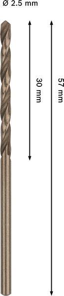 Bohrer mit 2,5 mm Durchmesser. Gesamtlänge: 57 mm, Schneidenlänge: 30 mm.