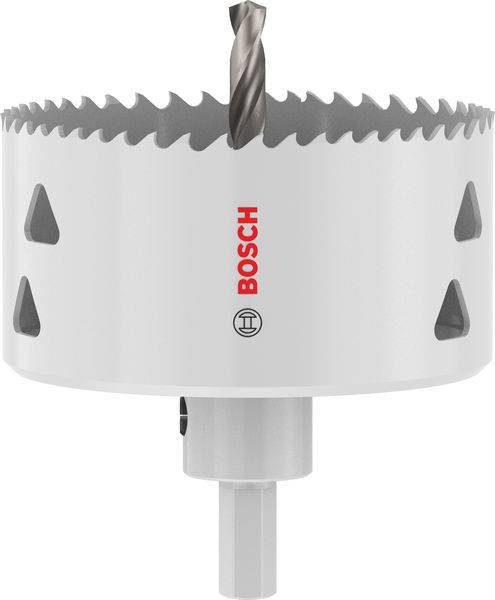 Eine weiß-graue Lochsäge von Bosch mit gezahnten Kanten, die zum Schneiden großer Löcher in Materialien wie Holz oder Metall verwendet wird.