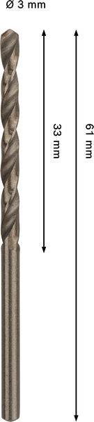 Ein Metallbohrer mit 3 mm Durchmesser, 33 mm Schneidenlänge und 61 mm Gesamtlänge, dargestellt mit Messwerten in Pfeilen.