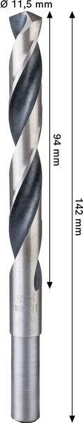 Metallbohrer: 11,5 mm Durchmesser, 142 mm Gesamtlänge, 94 mm Spiralabschnittslänge.