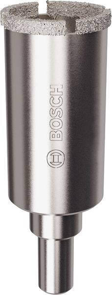 Ein zylindrischer Metallbohrkern-Diamantbohrer von Bosch, der zum Bohren von Löchern in harten Materialien wie Beton und Stein verwendet wird, von der Seite betrachtet.