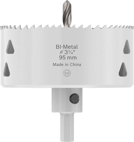 Eine weiße Bimetall-Lochsäge mit einem Durchmesser von 3 3/4 Zoll (95 mm), mit Sägezähnen an der Kante und gekennzeichnet mit „Made in China