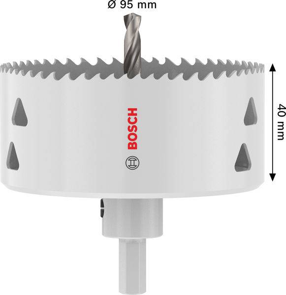 Eine Bosch-Lochsäge mit einem Durchmesser von 95 mm und einer Tiefe von 40 mm, mit scharfen Zähnen und einem zentralen Bohrer zum Schneiden von Löchern mit großem Durchmesser.
