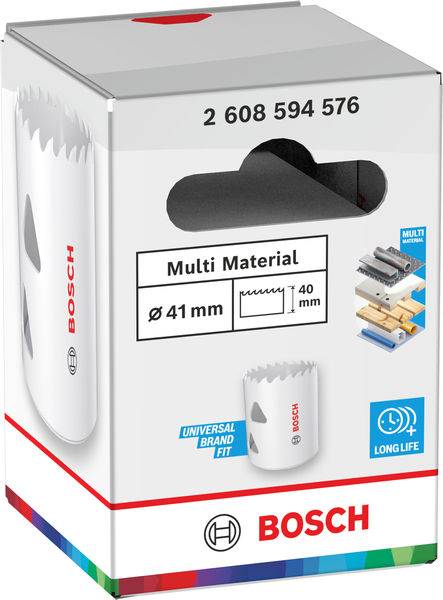 Bosch Mehrzweck-Lochsäge im Karton, 41mm Durchmesser, 40mm Tiefe. Geeignet für verschiedene Materialien. Merkmale sind lange Lebensdauer und universelle Markenkompatibilität.