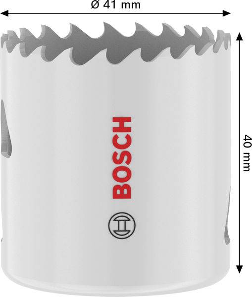 Eine weiße Bosch-Lochsäge mit einem Durchmesser von 41 mm und einer Höhe von 40 mm, ausgestattet mit scharfen Zähnen um die Kante zum Schneiden.