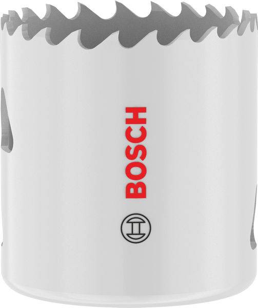 Ein zylindrisches Metallschneidewerkzeug mit gezackten Zähnen, das den Markennamen „Bosch
