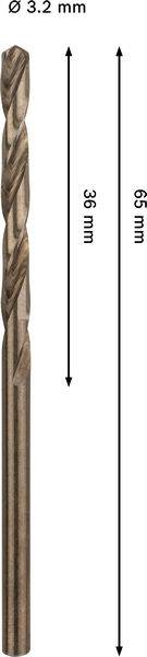 Bohrer mit einem Durchmesser von 3,2 mm. Gesamtlänge beträgt 65 mm; der Arbeitsteil ist 36 mm lang.