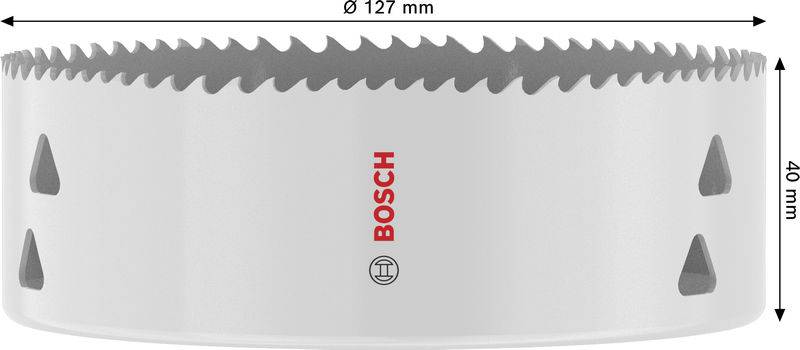 Eine weiße Bosch-Lochsäge mit scharfen Zähnen, beschriftet mit „Ø 127 mm