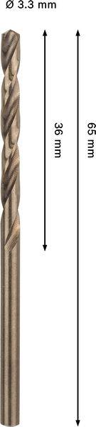 Ein Metallbohrer mit Spiralfurchen, 65 mm Gesamtlänge, mit einem Schaft von 36 mm. Durchmesser 3,3 mm.