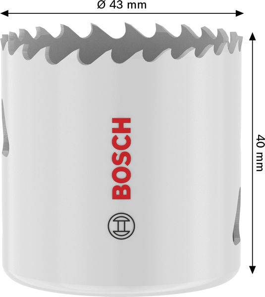 Eine weiße Bosch-Lochsäge mit gezackten Zähnen. Sie hat einen Durchmesser von 43 mm und eine Höhe von 40 mm, mit roter Bosch-Markenbezeichnung an der Seite.