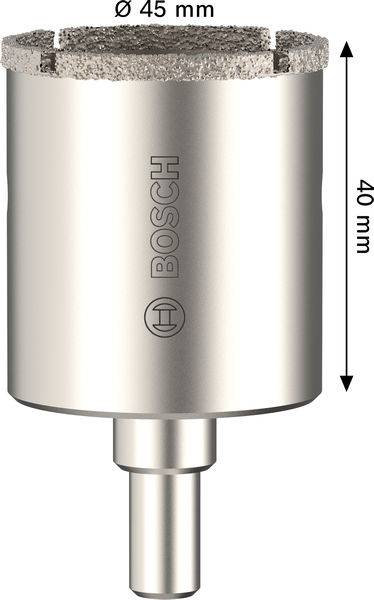 Eine metallische Bosch-Lochsäge mit einem Durchmesser von 45 mm und einer Höhe von 40 mm, entwickelt zum Bohren von kreisförmigen Löchern in Materialien.