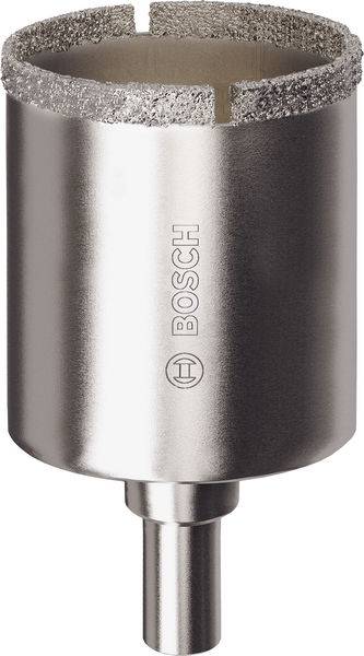 Eine Nahaufnahme eines Bosch-Diamantbohrkerns, mit einem zylindrischen Metallkörper mit geschärftem, strukturiertem Rand und zylindrischem Schaft.