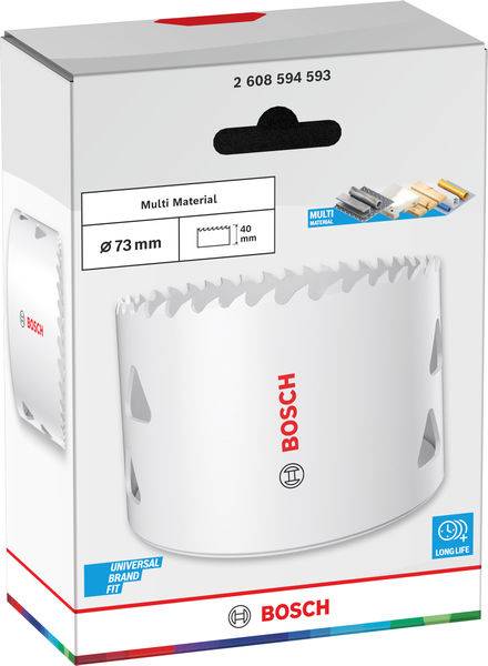 Verpackung einer Bosch Mehrstoff-Lochsäge mit 73 mm Durchmesser, auf der das Produktbild und Funktionen wie „Universal Brand Fit