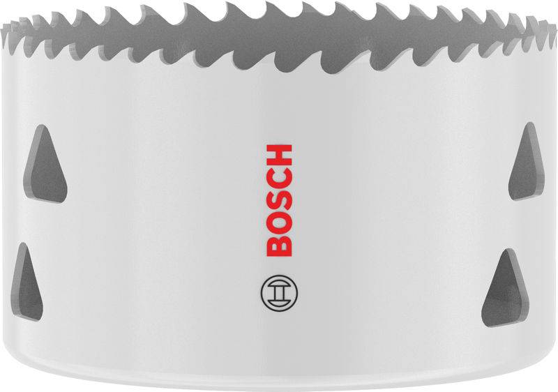 Eine weiße Bosch-Lochsäge mit scharfen Zähnen und dreieckigen Belüftungsschlitzen, entwickelt zum Bohren von Löchern in Materialien.