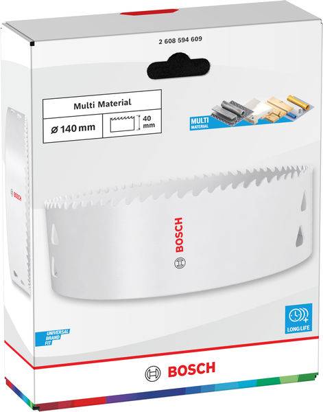 Bosch-Mehrstoff-Lochsägen-Verpackung mit Sägeblatt für Schnitte mit 140 mm Durchmesser und 40 mm Schnitttiefe, ideal für verschiedene Materialien.