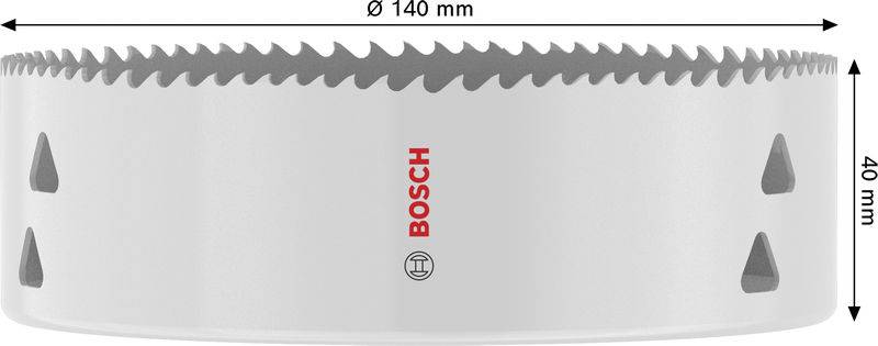 Bosch-Lochsägeblatt mit einem Durchmesser von 140 mm und einer Höhe von 40 mm. Verfügt über scharfe Zähne rund um die Kante zum Schneiden.