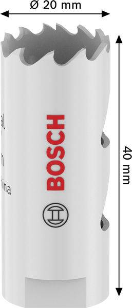 Eine weiße zylindrische Lochsäge mit Bosch-Logo, 20mm Durchmesser, 40mm Länge.
