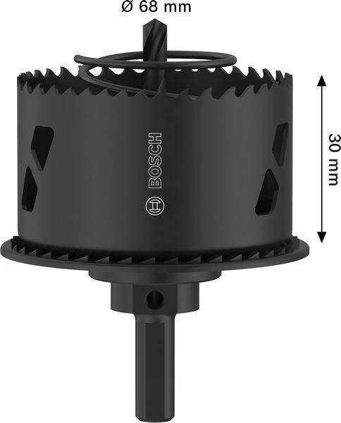 Eine schwarze Bosch-Lochsäge mit einem Durchmesser von 68 mm und einer Tiefe von 30 mm, ausgestattet mit einem zentralen Bohrer und gezähntem Rand zum Schneiden.