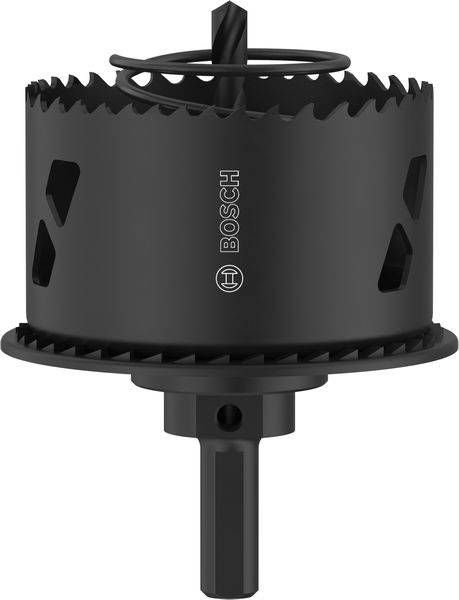 Eine schwarze Bosch-Lochsäge mit einer kreisförmigen Klinge und Befestigung zum Bohren, entwickelt zum Schneiden von präzisen Löchern in verschiedenen Materialien.