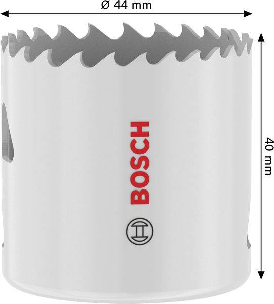 Eine weiße Bosch-Lochsäge mit gezackten Kanten, mit einem Durchmesser von 44 mm und einer Höhe von 40 mm. Bosch-Logo in Rot auf der Seite.